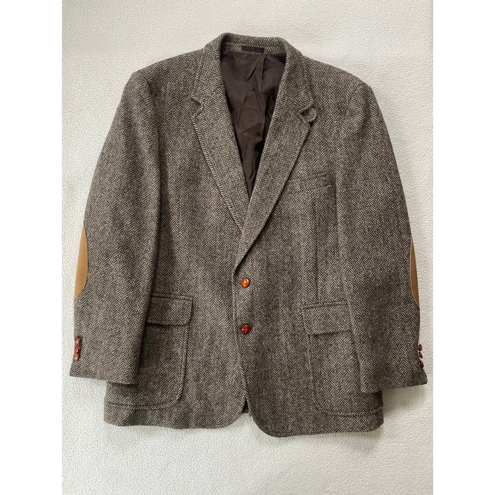 Vtg 80s College Hall Mens Med Blazer Brown Herringbone Tweed Wool Elbow Patches